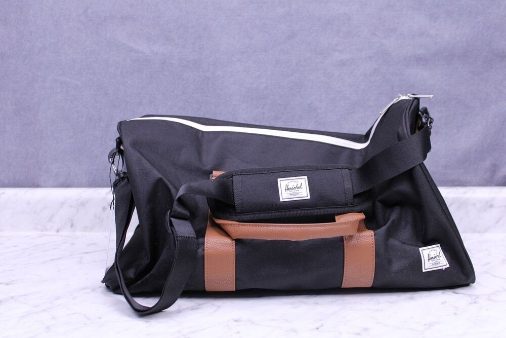 Herschel Ravine Duffle Bag Black White Zip Brown Accents Travel Gym Overnight
